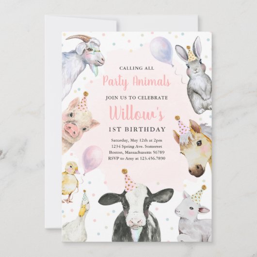 Invitation Animaux de ferme Fille rose Barnyard fête d'annive (Devant)