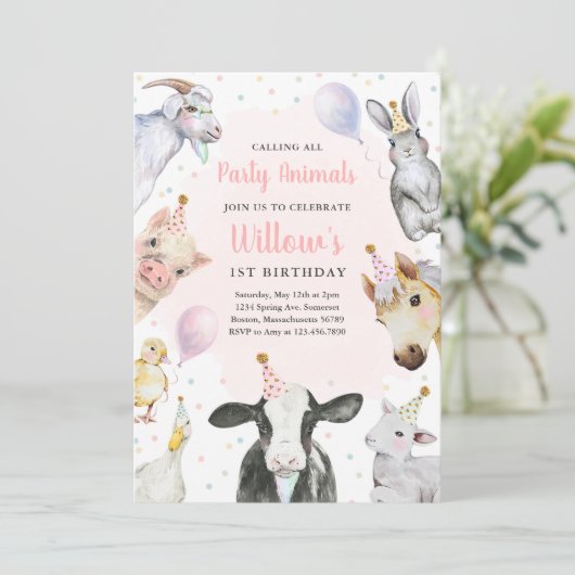 Invitation Animaux de ferme Fille rose Barnyard fête d'annive (Debout devant)