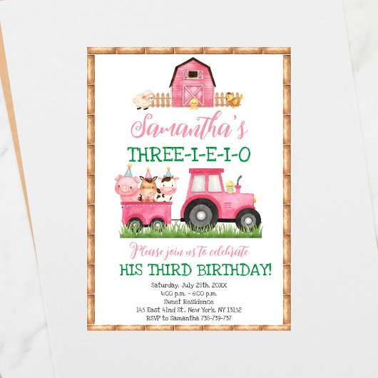 Invitation Animaux de ferme Fille rose Barnyard fête d'annive