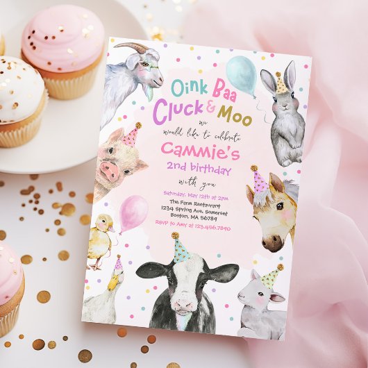 Invitation Animaux de ferme Fille rose Barnyard fête d'annive
