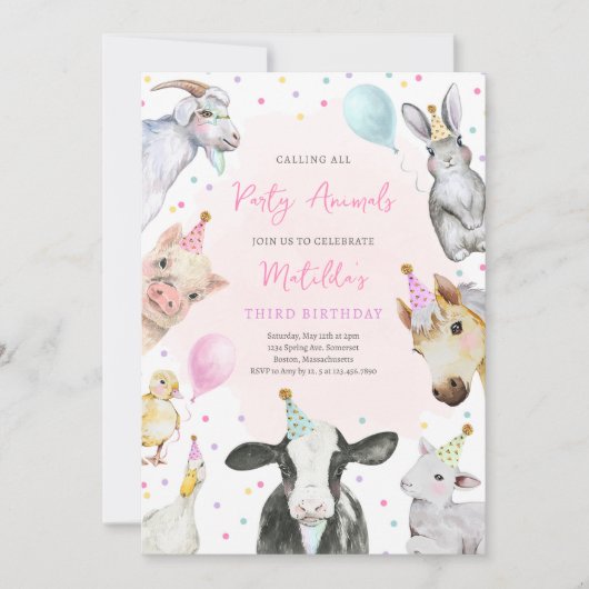 Invitation Animaux de ferme Fille rose Barnyard fête d'annive (Devant)