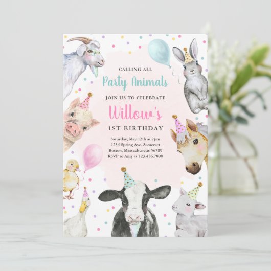 Invitation Animaux de ferme Fille rose Barnyard fête d'annive (Debout devant)