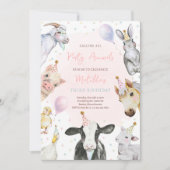 Invitation Animaux de ferme Fille rose Barnyard fête d'annive (Devant)