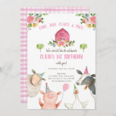 Invitation Animaux de ferme Fille rose En vichy Barnyard Anni (Devant / Derrière)