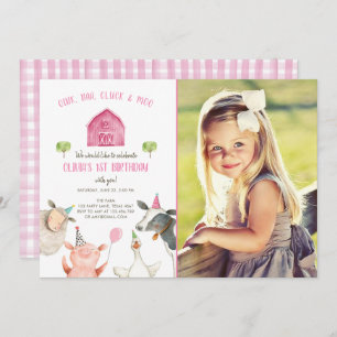 Invitation Animaux de ferme Fille rose En vichy Barnyard Anni