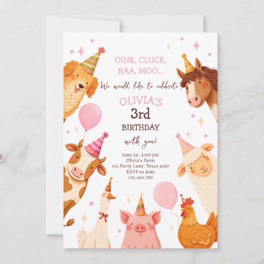 Invitation Animaux de ferme Fille rose En vichy Barnyard Anni (Devant)