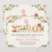 Invitation Animaux de ferme floraux rose Deuxième anniversair (Devant / Derrière)