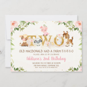 Invitation Animaux de ferme floraux rose Deuxième anniversair