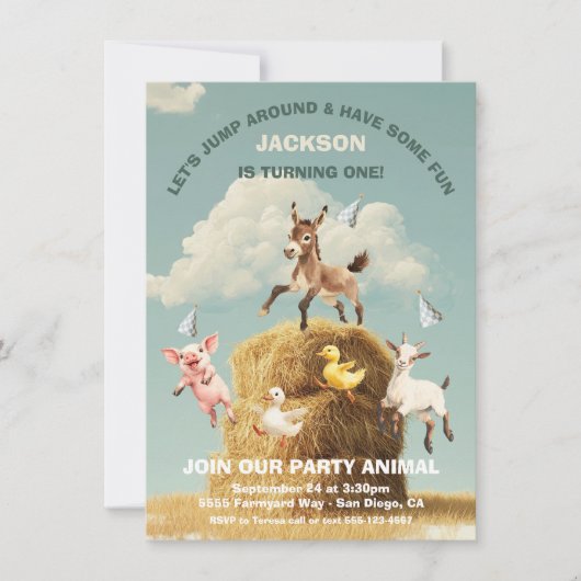 Invitation Animaux de ferme Jumping foin fête d'anniversaire (Devant)