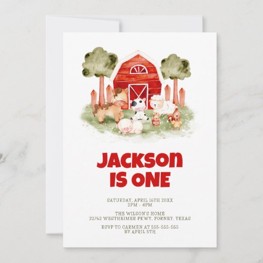 Invitation Animaux de ferme Mignonne aquarelle garçon 1er ann (Devant)