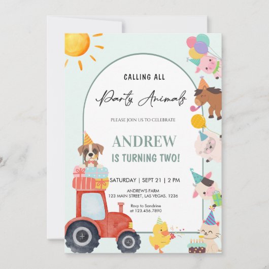 Invitation Animaux de ferme mignons pour un anniversaire (Devant)