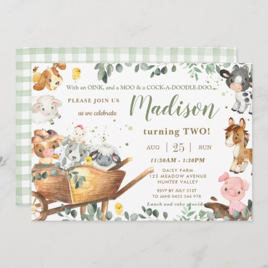 Invitation Animaux de ferme mignons Végétal de Barnyard Anniv (Devant / Derrière)