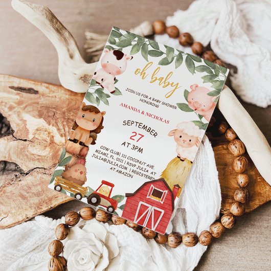 Invitation Animaux de ferme Oh Baby shower Rustique