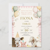 Invitation Animaux de ferme Rose En vichy fille 3e anniversai (Devant)