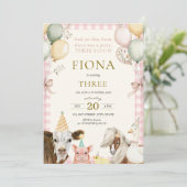 Invitation Animaux de ferme Rose En vichy fille 3e anniversai (Debout devant)