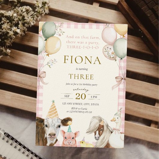 Invitation Animaux de ferme Rose En vichy fille 3e anniversai