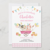 Invitation Animaux de ferme Rose En vichy fille premier anniv (Devant)