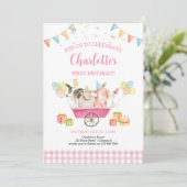 Invitation Animaux de ferme Rose En vichy fille premier anniv (Debout devant)