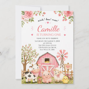 Invitation Animaux de ferme roses Anniversaire fille aquarell