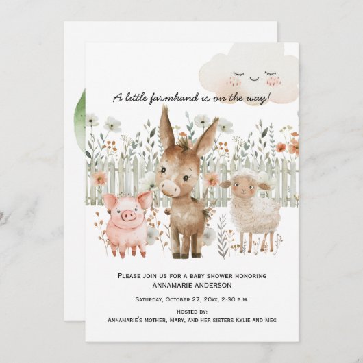 Invitation Animaux de ferme Scène agricole Baby shower neutre (Devant / Derrière)