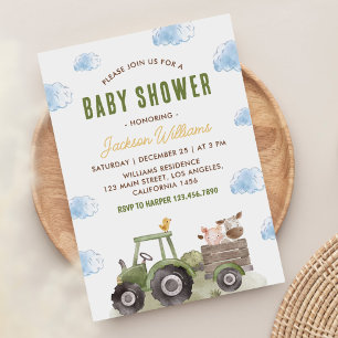 Invitation Animaux de ferme Tracteur Baby shower neutre pour 
