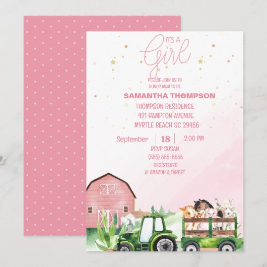 Invitation Animaux de ferme Tracteur vert Baby shower rose (Devant / Derrière)