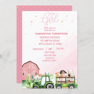 Invitation Animaux de ferme Tracteur vert Baby shower rose