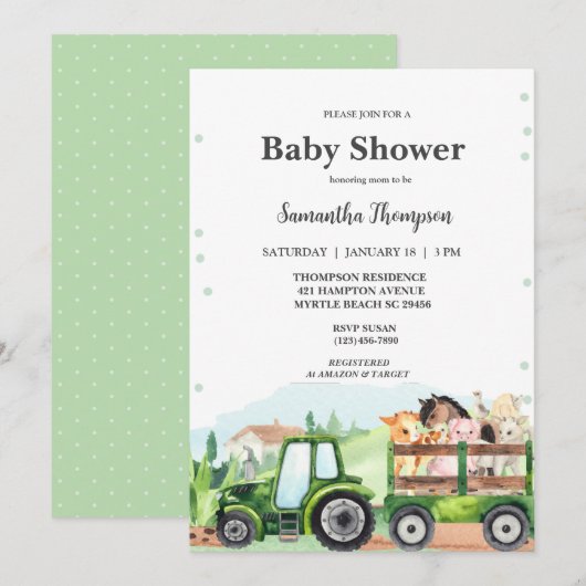 Invitation Animaux de ferme Tracteur vert Garçons Baby shower (Devant / Derrière)