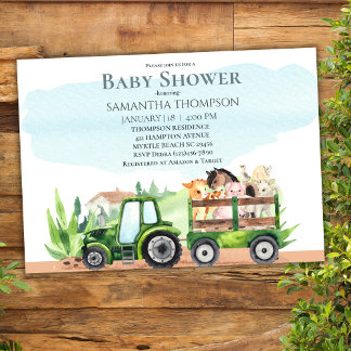 Invitation Animaux de ferme Tracteur vert Garçons Baby shower