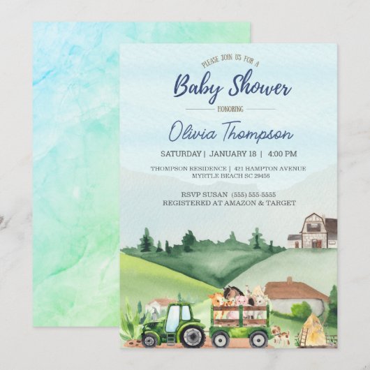 Invitation Animaux de ferme Tracteur vert Garçons Baby shower (Devant / Derrière)