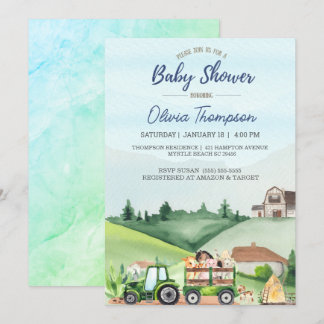 Invitation Animaux de ferme Tracteur vert Garçons Baby shower