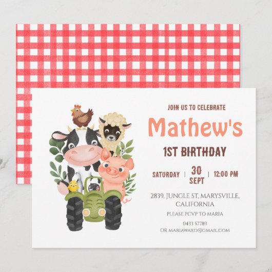 Invitation Animaux de ferme Vache sainte Premier anniversaire (Devant / Derrière)