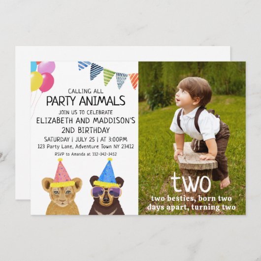 Invitation Animaux de fête 2e anniversaire (Devant / Derrière)