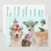 Invitation Animaux de fête adorables Anniversaire (Devant / Derrière)
