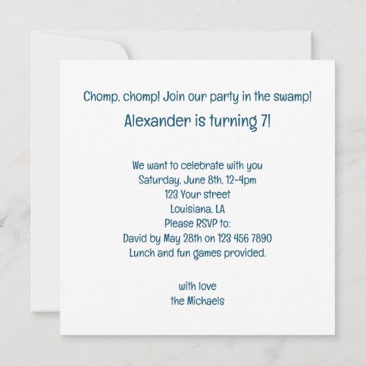 Invitation Animaux de fête, Alligators mangeant cake annivers (Dos)