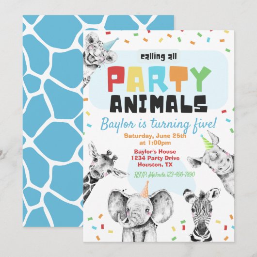 Invitation Animaux de fête | Animaux de fête Anniv (Devant / Derrière)