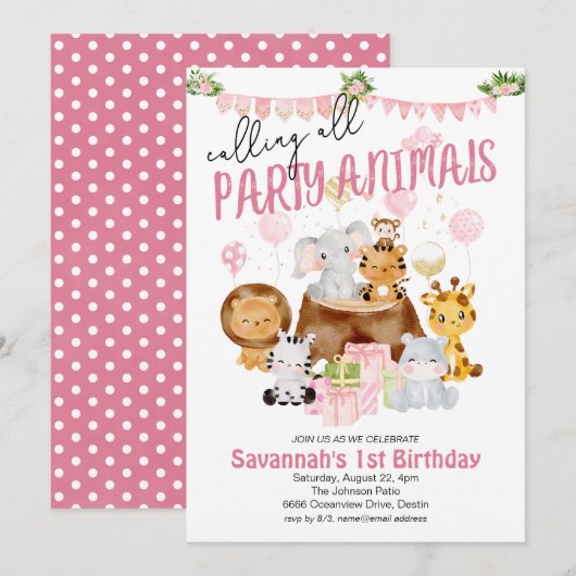 Invitation Animaux de Fête Anniversaire Rose (Devant / Derrière)
