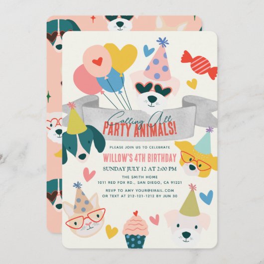 Invitation Animaux de fête Chiens et ballons de chat Annivers (Devant / Derrière)