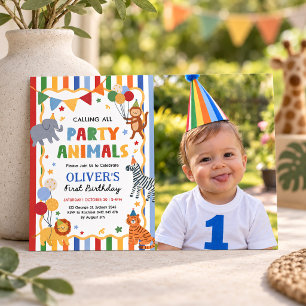 Invitation Animaux de fête colorés Garçon 1er Anniversaire Ph