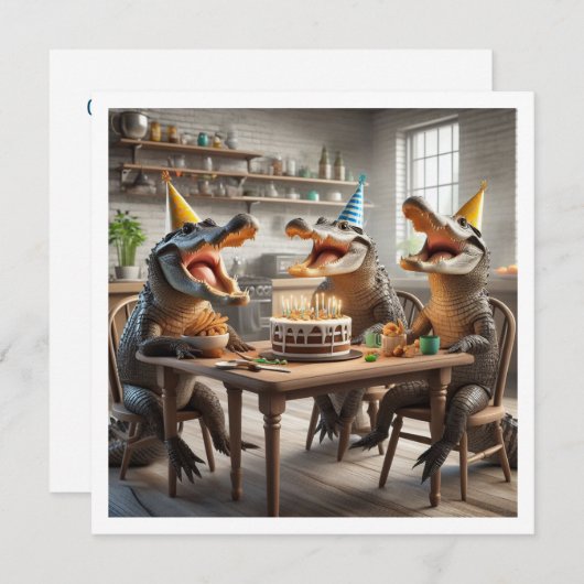 Invitation Animaux de fête, Crocodiles mangeant cake annivers (Devant / Derrière)