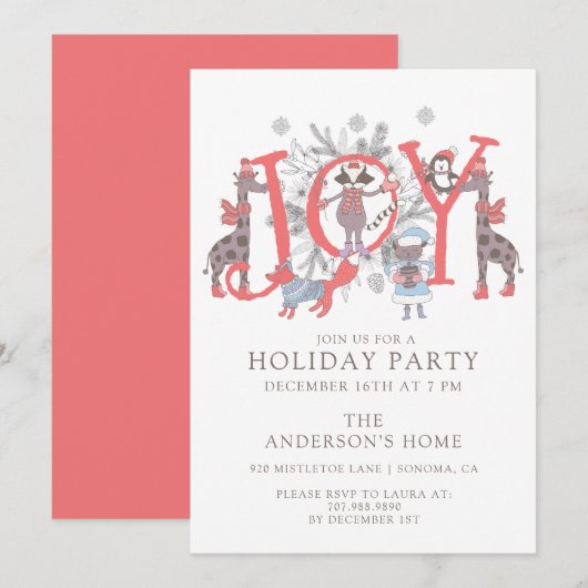 Invitation Animaux de Fête de Noël JOY (Devant / Derrière)