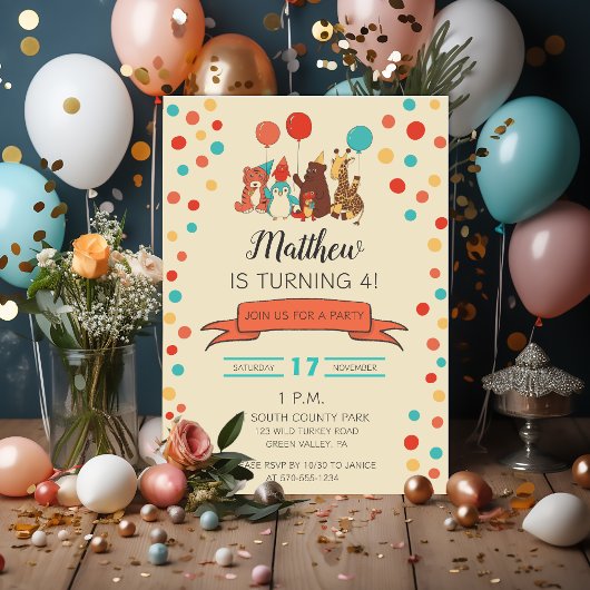 Invitation Animaux de Fête et Points de Naissance pour Enfant