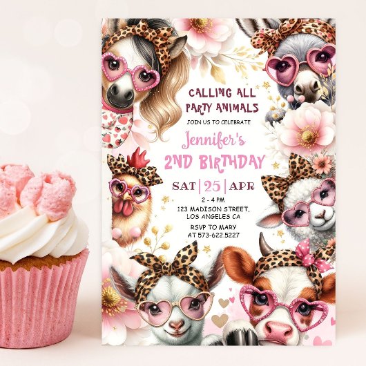 Invitation Animaux de fête Fille rose Barnyard Ferme Annivers