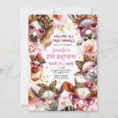Invitation Animaux de fête Fille rose Barnyard Ferme Annivers (Devant)