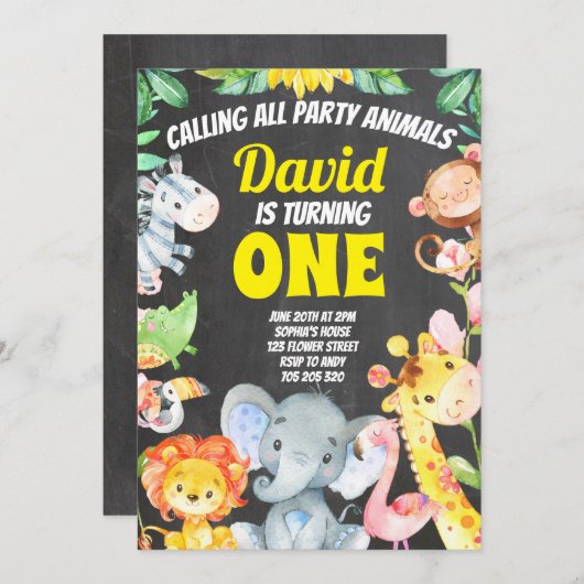 Invitation Animaux de fête Garçon Anniversaire Safari Chalkbo (Devant / Derrière)