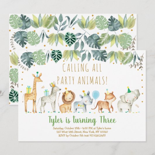 Invitation Animaux de fête Garçon Safari Anniversaire (Devant / Derrière)