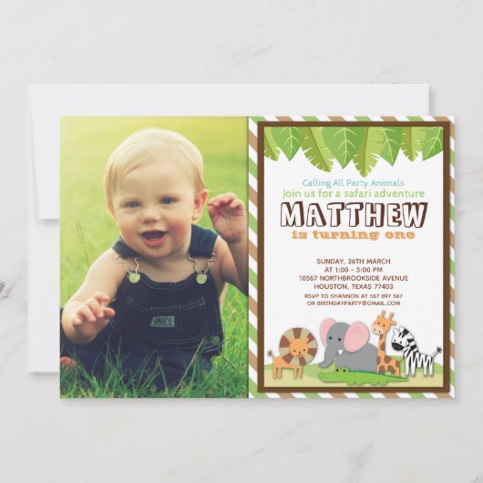 Invitation Animaux de fête Jungle Safari photo Anniversaire (Devant)