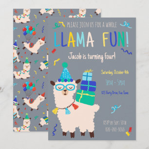 Invitation Animaux de Fête Lama Anniversaire Garçons Gris