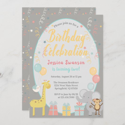 Invitation Animaux de fête mignonne Anniversaire Fête Jaune (Devant / Derrière)