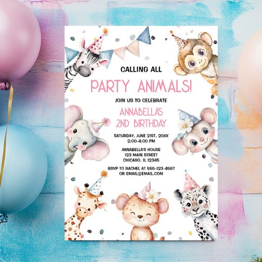 Invitation Animaux de fête mignonne safari fille anniversaire